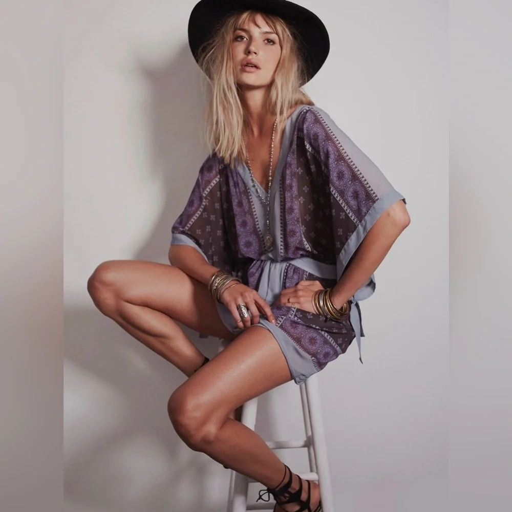 Free People Kimono Print Boho Festival Tunic Mini Dress XS Grey and Purple EUC
